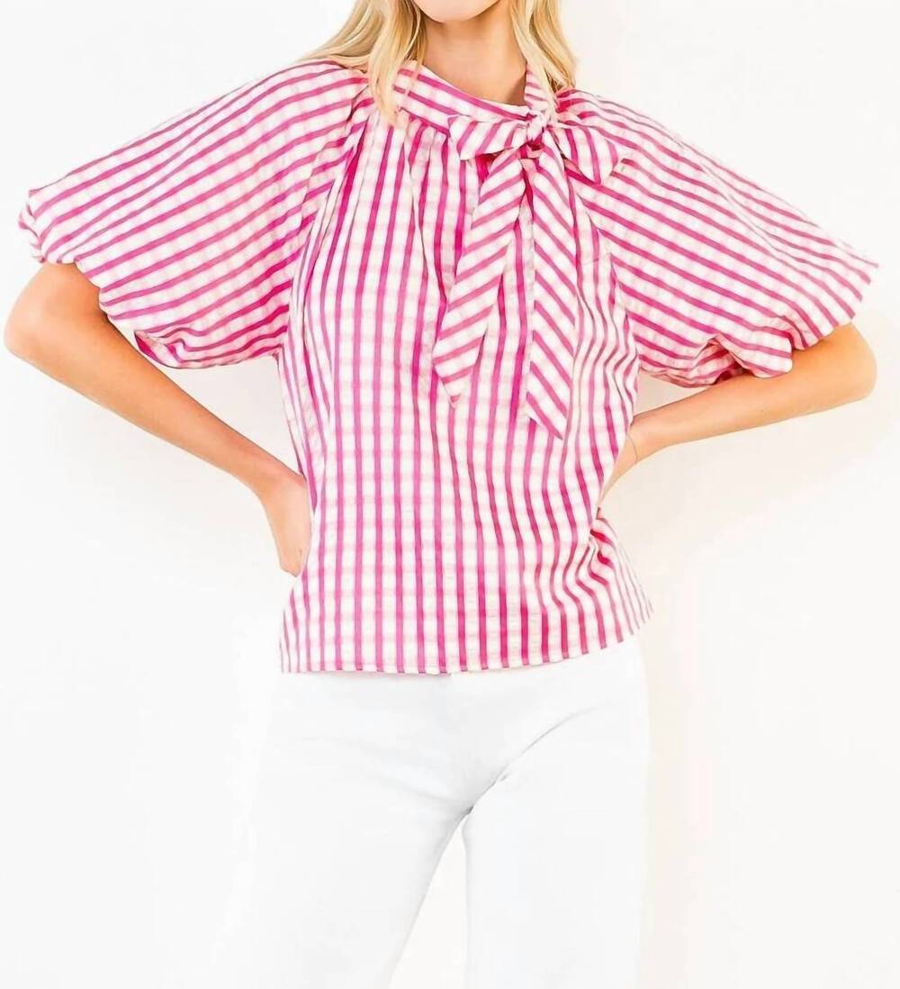 NEW THML main street style gingham puff sleeve tie top in pink